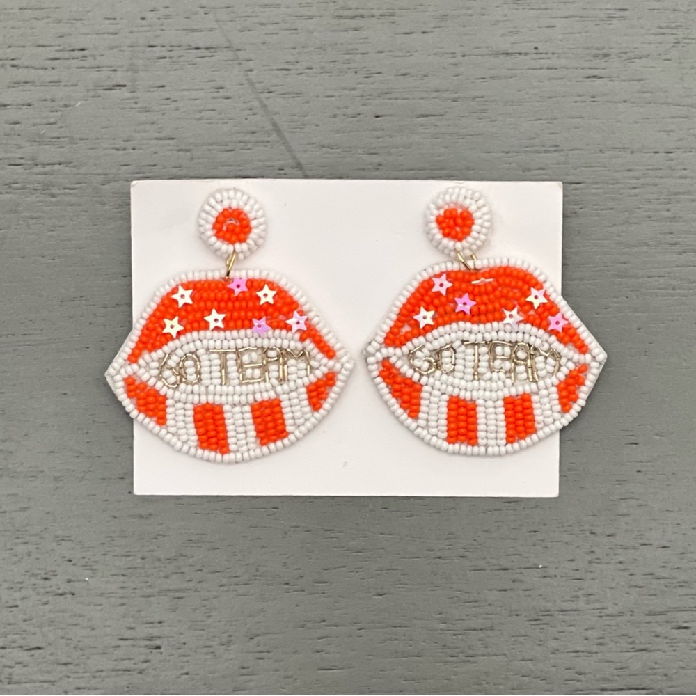 🍊💋 Orange White "Go Team" Stars Lips Game Day Texas UT Tennessee 2.5" Earrings